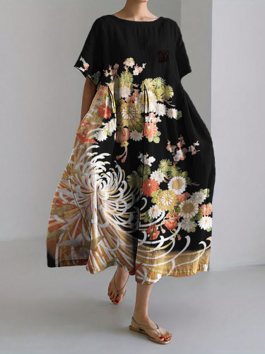 Chrysanthemum Floral Japanese Art Linen Blend Maxi Dress