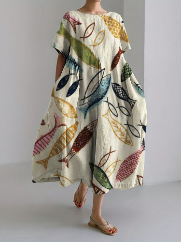 Vintage Colorful Fish Lino Art Linen Blend Maxi Dress