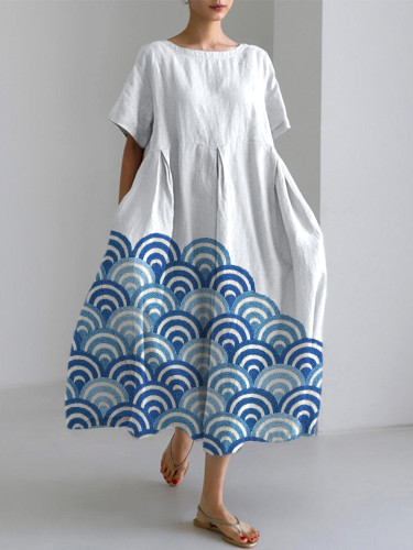 Wave Embroidery Pattern Linen Blend Casual Dress