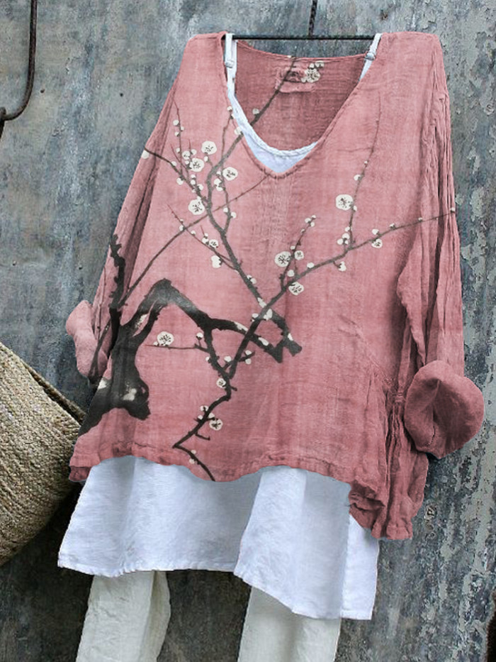 Plum Blossom Japanese Art Linen Blend Tunic