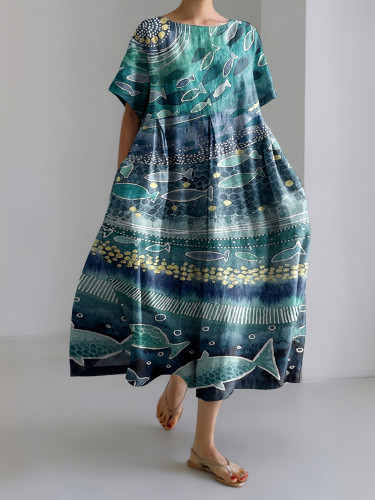 Women Ocean Fish Linen Blend Maxi Dress
