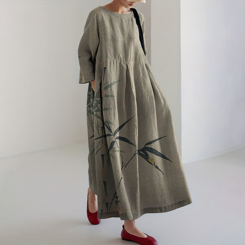 Japanese Art Bamboo Linen Blend Maxi Dress