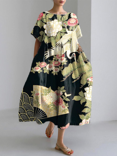 Japanese Floral Traditional Pattern Print Linen Blend Dress