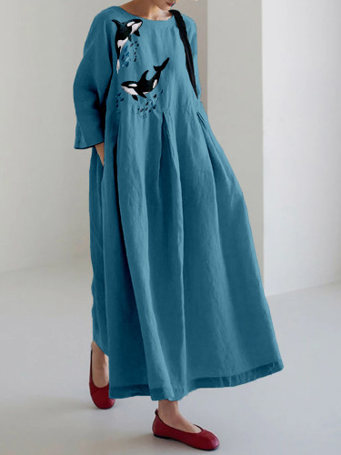Whales Embroidery Art Vintage Linen Blend Maxi Dress