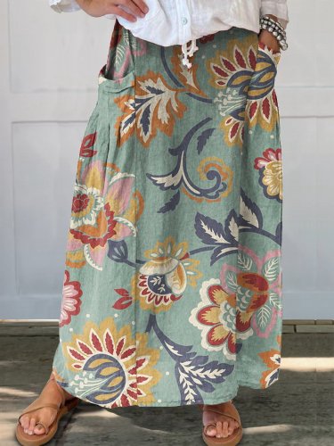 Women's  Floral  Print  Linen Pocket Skirt