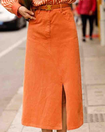 Retro Orange Solid Color Slit Skirt