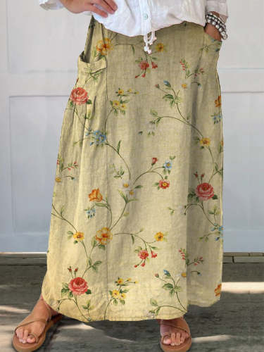 Women's Retro Elegant Floral Art Linen Pocket Skirt