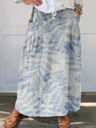 Women's Flowers And Leaves Art Pattern Print Linen Pocket Skirt