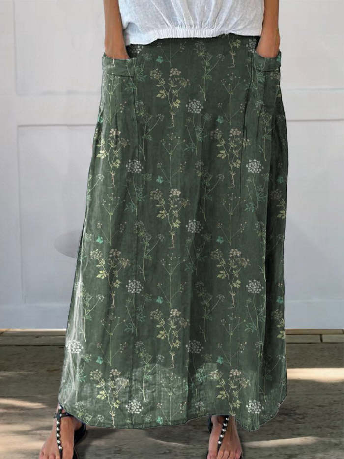 Women's Retro Floral Art Print Casual Linen Pocket Skirt
