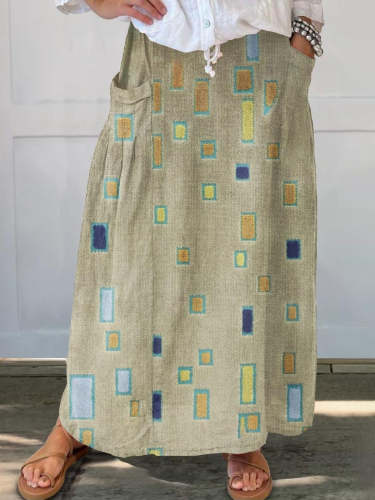 Women's Abstract Geometry Art Pattern Print Linen Pocket Skirt