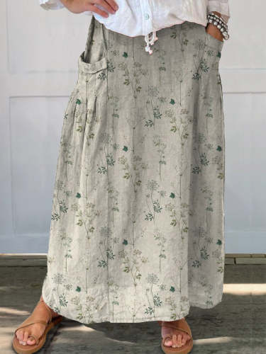 Women's Retro Floral Art Print Casual Linen Pocket Skirt