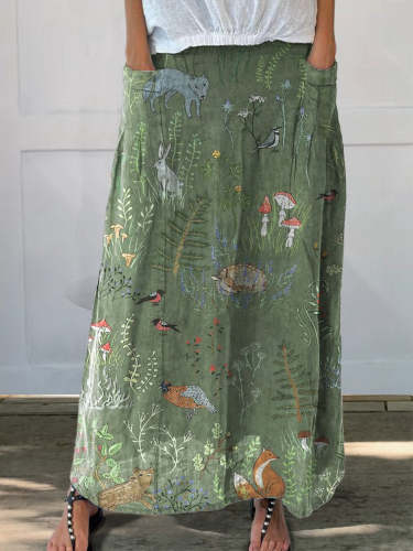 Woodland And Animals Pattern Printed Women's Linen Pocket Skirt