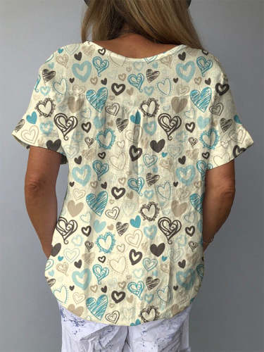 Graffiti Hearts Seamless Repeat Pattern Printed Women's Casual Cotton And Linen Shirt