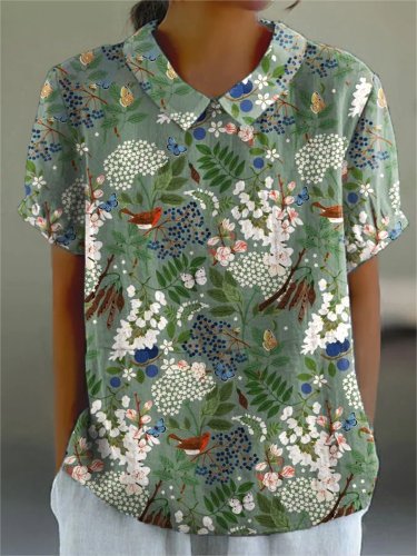 Women's Retro  Flower Art Print Casual Cotton And Linen Shirt