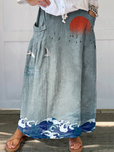 Japanese Sunset Crane Women's Pocket Skirt