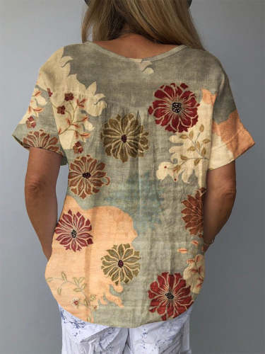 Women's  Flower Art Print Casual Cotton And Linen Shirt