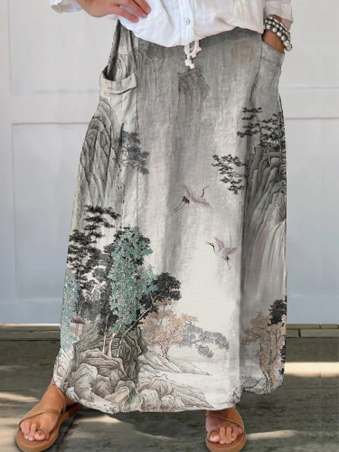 Japanese Landscape Crane Print Pocket Skirt