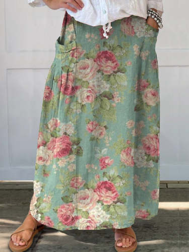 Women's Retro Floral Art Print Linen Pocket Skirt
