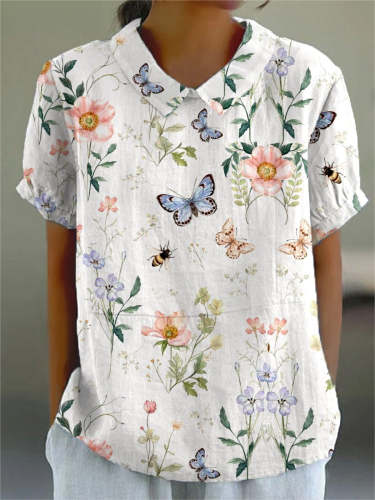 Women's   Flower Art Print Casual Cotton And Linen Shirt