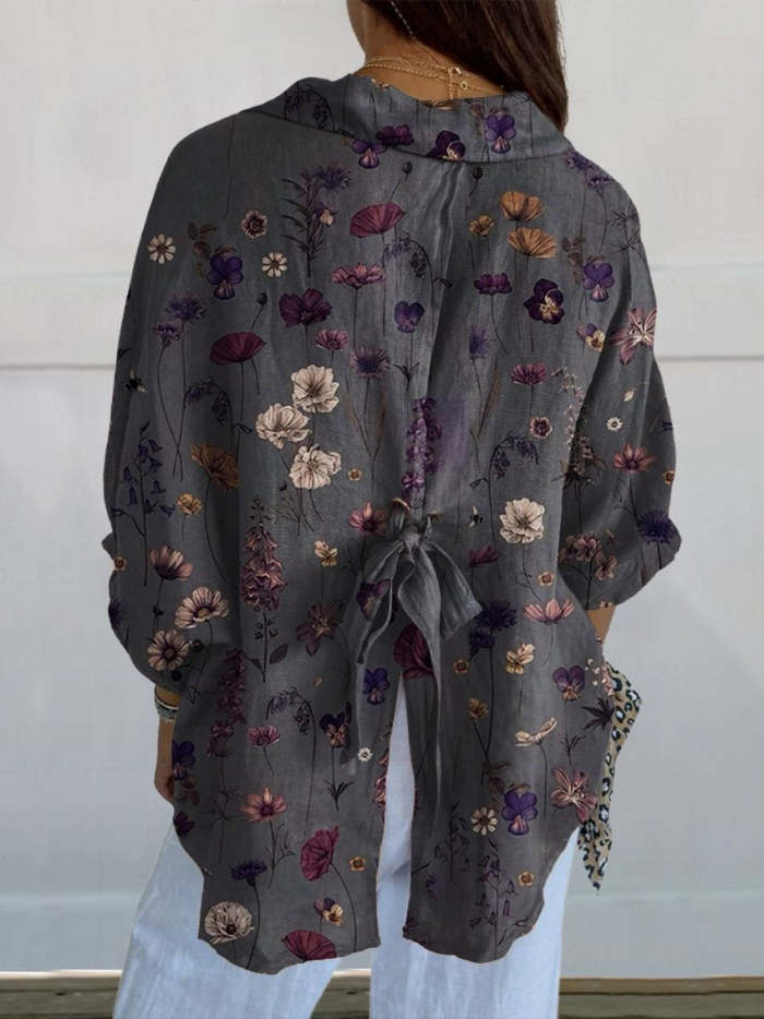 Women's  Flower Art  Print   Linen Pocket Skirt