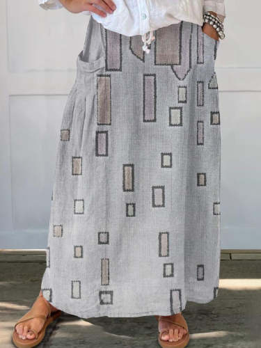 Women's Abstract Geometry Art Pattern Print Linen Pocket Skirt
