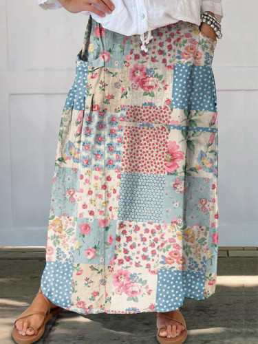 Women's Retro Floral Print Pocket Skirt