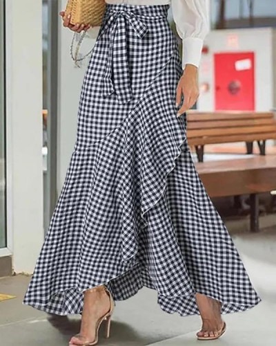 Plaid Ruffled Irregular High Waist Casual Skirt