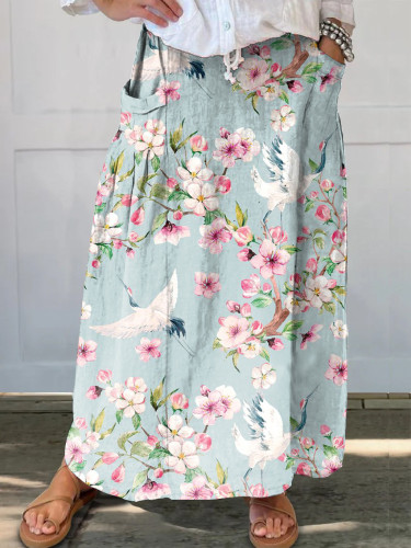 Japanese Sakura Crane Print Pocket Skirt