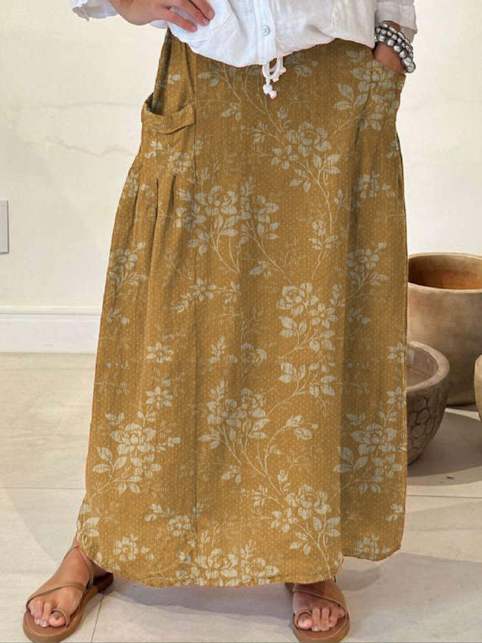 Women's Vintage Floral Linen Pocket Skirt
