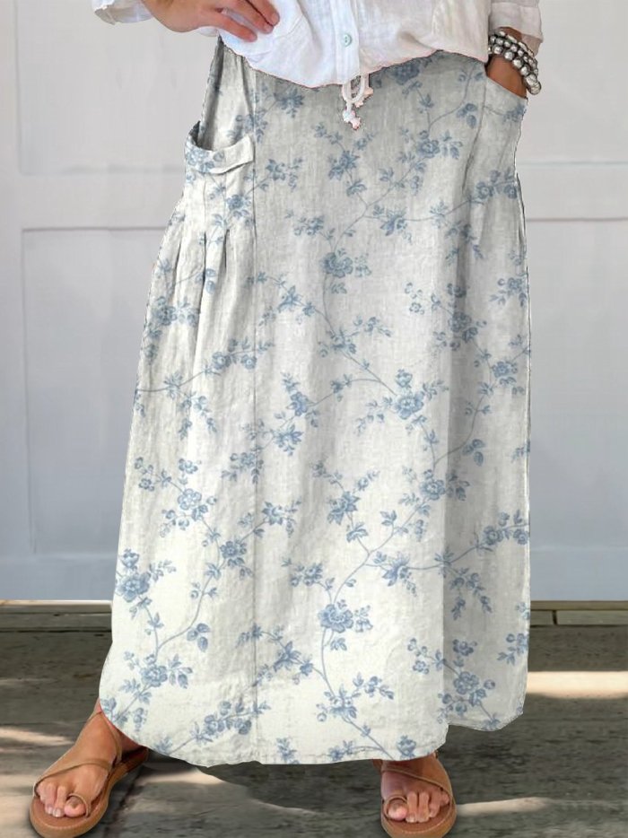 Vintage Fresh Blue Print Women's Linen Pocket Skirt