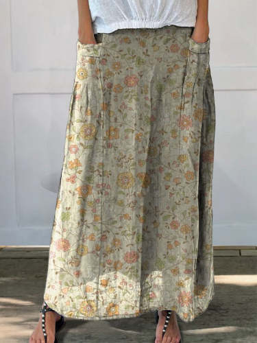 Women's Retro Elegant Floral Art Pattern Print Linen Pocket Skirt