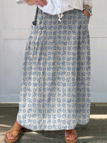 Women's Retro Elegant Floral Art Printed Linen Pocket Skirt