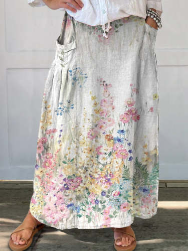 Women's Vintage Botanical Floral Linen Pocket Skirt