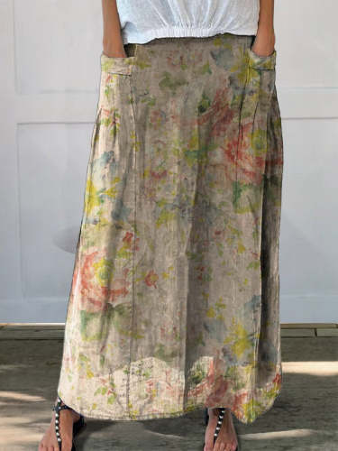 Women's Retro Floral Watercolor Art Linen Pocket Skirt