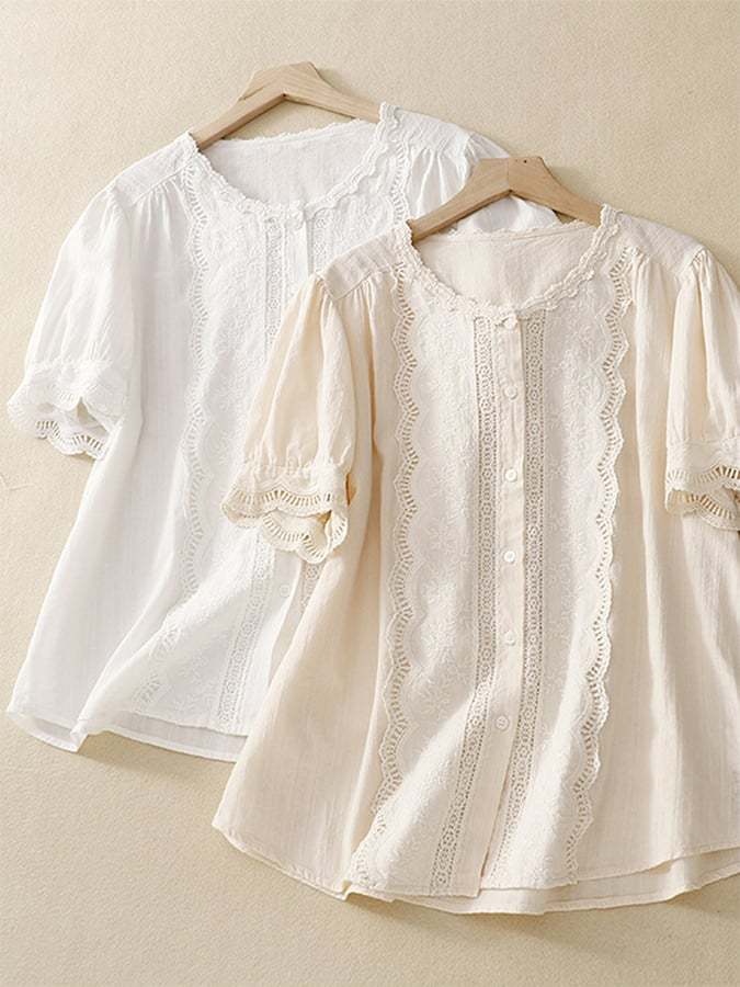 Solid Color Hollow Embroidery Lace Stitching Short-Sleeved Shirt