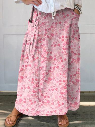 Pink Floral Print Women's Pocket Skirt