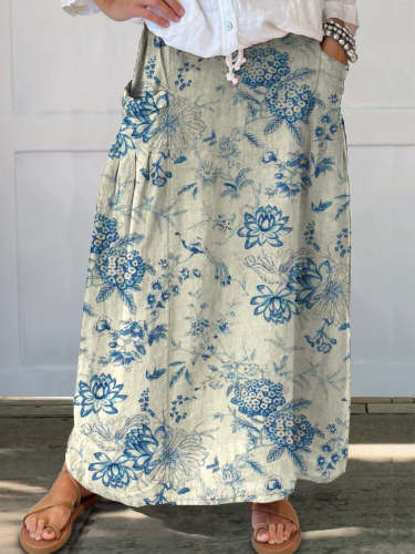 Women's Retro Floral Art Linen Pocket Skirt