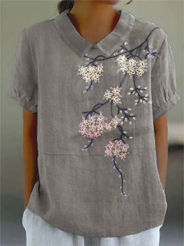 Women's Floral Print Casual Cotton And Linen Shirt