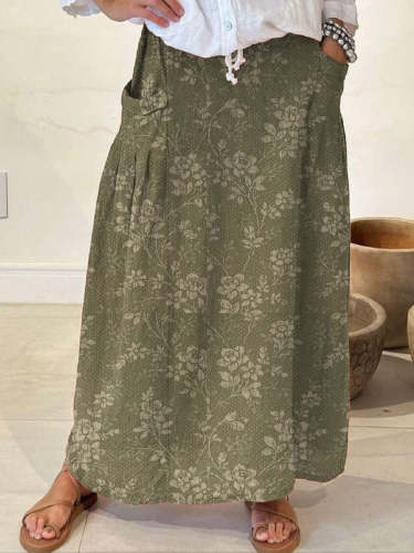 Women's Vintage Floral Linen Pocket Skirt