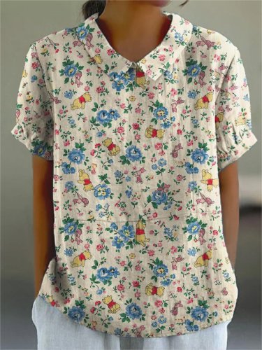 Women's  Funny Bear Flower Art Print Casual Cotton And Linen Shirt