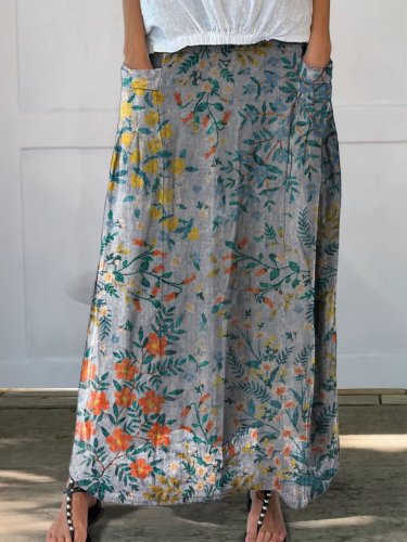 Women's Retro Elegant Floral Art Pattern Print Linen Pocket Skirt