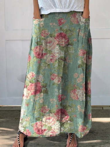 Women's Retro Floral Art Print Linen Pocket Skirt