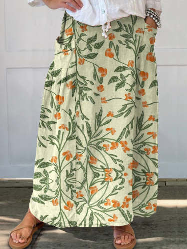 Women's  Flower Art  Print   Linen Pocket Skirt