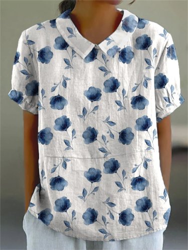 Women's Small Blue Ink Flowers Print Casual Cotton And Linen Shirt