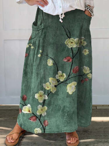 Women's  Floral  Art Print  Linen Pocket Skirt