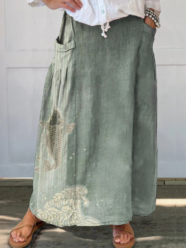 Japanese Upstream Carp Print Pocket Skirt