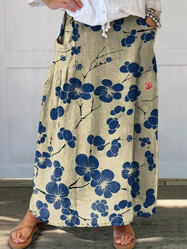 Japanese Classic Plum Print Pocket Skirt