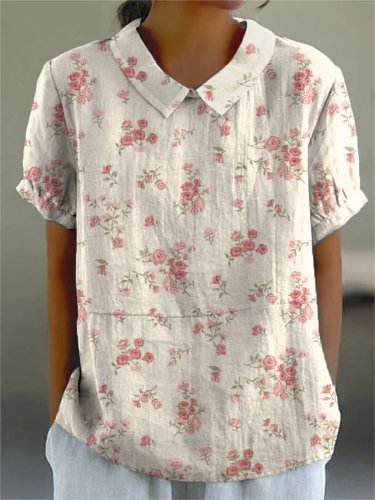Women's Floral  Print Casual Cotton And Linen Shirt