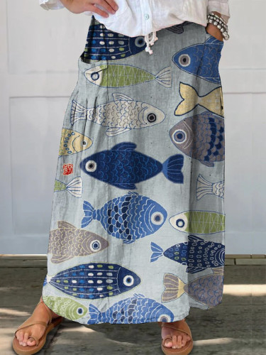 Japanese Retro Fish Print Pocket Skirt