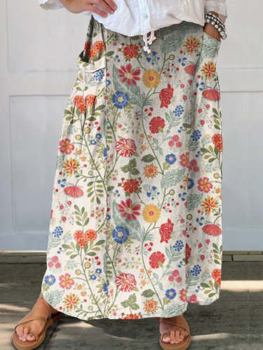 Women's  Floral  Print  Linen Elastic waistband Pocket Skirt